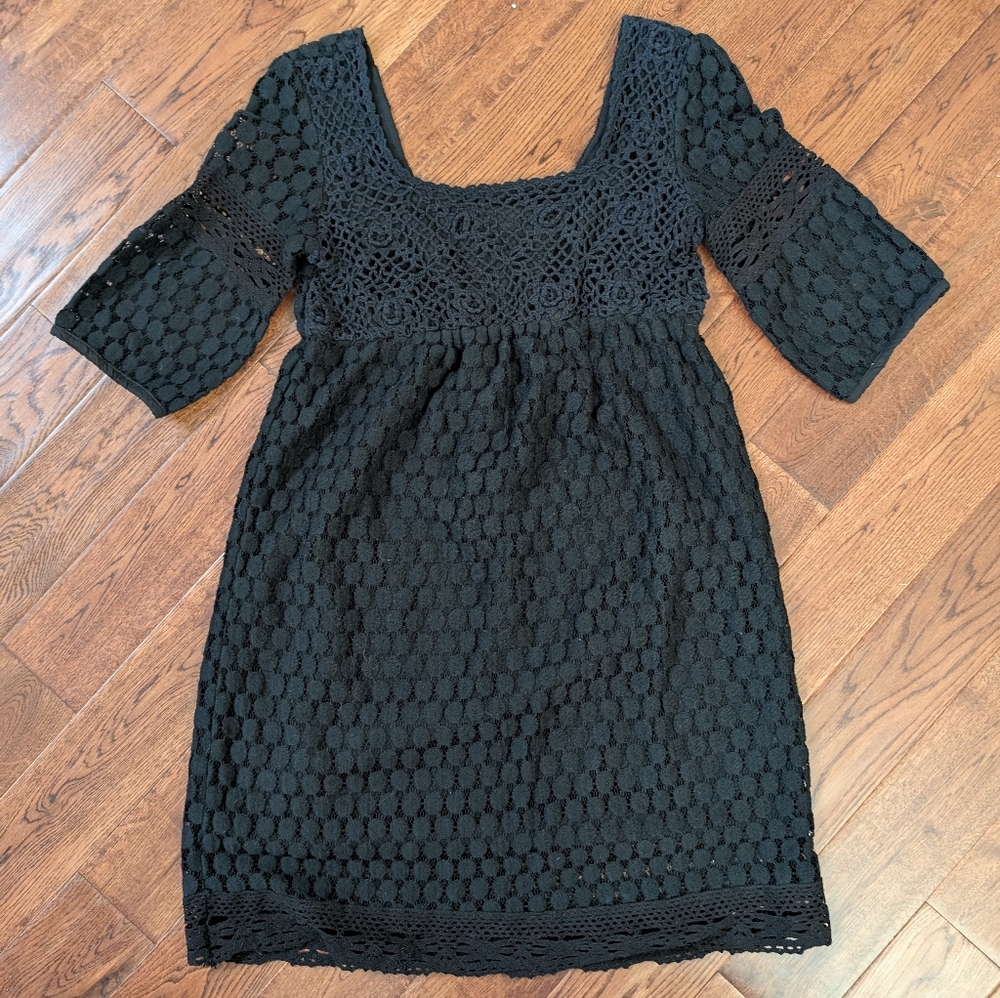 EUC Solitaire By Ravi Khosla Black Crochet Lined Baby Doll Midi Dress Sz SMALL